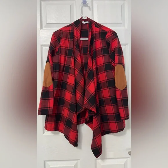 Red and Black Plaid Open Front Cardigan - Picture 1 of 9